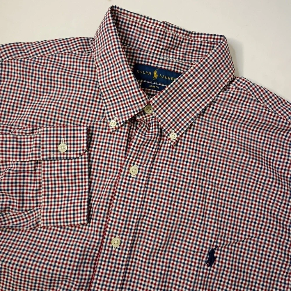 Polo Ralph Lauren Shirt Mens‎ XL Slim Fit Red White Blue Gingham Check Pony